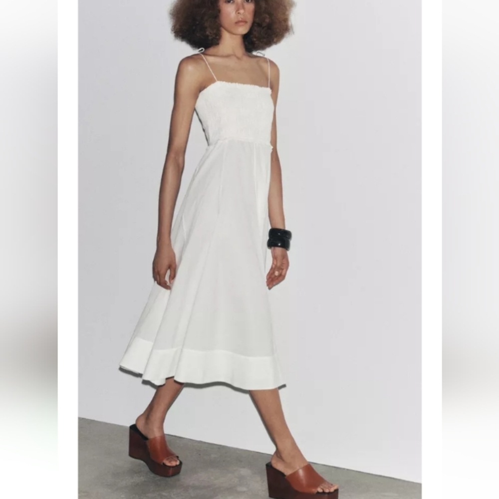 Zara Smocked Cotton White Midi Dress Sz-L